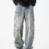 [Wide Leg Hip-hop Denim Pants] Men'S Workwear Jeans Hip-hop Street Dance Party Denim Jogging Pants Street Wide Leg Workwear Pants Straight Tube Loose Slimming Trend Retro Casual Denim Pants