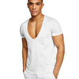 Summer Sexy Deep V-Neck Men's T Shirt Low Cut Vneck Wide Vee Tee Male Tshirt Short Sleeve Causal Solid Tops Invisible Undershirt