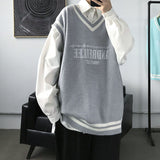 Fashion V-neck Plush College Style Mens Vintage Knitted Vest Trend Harajuku Hip Hop Casual Loose Black Couple Knitted Sweater
