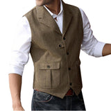 Men's 5 Button Herringbone Tweed Tailored Collar Suit Vest 2 Pockets Casual Victorian Style