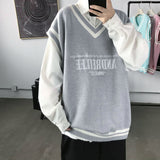 Fashion V-neck Plush College Style Mens Vintage Knitted Vest Trend Harajuku Hip Hop Casual Loose Black Couple Knitted Sweater