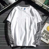 Cool Striped Patchwork T-Shirt Men Autumn Oversize Tops Boys Solid Long Sleeve T Shirt Fashion Japanese Gothic Japan T Shirt