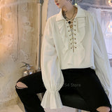 Men Ruffle Shirts Blouse Tops Lace Up Retro Gothic Flare Sleeve Victorian White