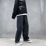 Men Jeans Solid Drawstring Denim Full Length Straight Loose Males All-match Trendy Punk Baggy Retro Leisure Chic Cowboy Trousers