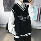 Fashion V-neck Plush College Style Mens Vintage Knitted Vest Trend Harajuku Hip Hop Casual Loose Black Couple Knitted Sweater