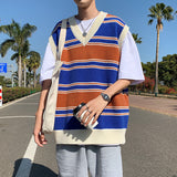 Gotmes Sweater Vest Men's Fashion Retro Casual V-neck Sweater Vest Men Streetwear Korean Loose Vest Sweater Pullover Mens Clothes M-2XL
