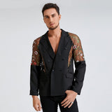 Gotmes Men Blazer Mesh Patchwork See Through Streetwear Double Breasted Lapel Long Sleeve Outerwear Fashion Men Casual Suits