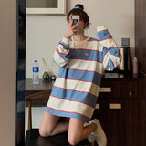 New Harajuku Panelled Blue Striped Men Tshirt Long Slevees Loose Minimalist Casual Clothes Crew Neck Unisex Teen Streetwear