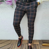 Spring Men Pants Business Slim Fit Beltless Plaid Stripe Print Suit Pants Autumn Buttoned Streetwear Male Trousers Harajuku