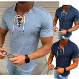 Mens V-neck T-shirt hollow out Lace-up Shirt Casual short Sleeve Wash Vintage Denim Blouse Fitness Bodybuilding Tops Hot
