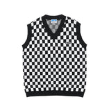 England Style Checkerboard Plaid Sweater Vest Men Vintage Fall Casual Loose Harajuku V Neck Mens Sweater Vest Sleeveless