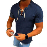 Mens V-neck T-shirt hollow out Lace-up Shirt Casual short Sleeve Wash Vintage Denim Blouse Fitness Bodybuilding Tops Hot