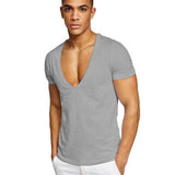Summer Sexy Deep V-Neck Men's T Shirt Low Cut Vneck Wide Vee Tee Male Tshirt Short Sleeve Causal Solid Tops Invisible Undershirt