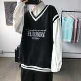 Fashion V-neck Plush College Style Mens Vintage Knitted Vest Trend Harajuku Hip Hop Casual Loose Black Couple Knitted Sweater