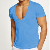 Summer Sexy Deep V-Neck Men's T Shirt Low Cut Vneck Wide Vee Tee Male Tshirt Short Sleeve Causal Solid Tops Invisible Undershirt