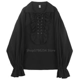 Men Ruffle Shirts Blouse Tops Lace Up Retro Gothic Flare Sleeve Victorian White