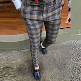 Spring Men Pants Business Slim Fit Beltless Plaid Stripe Print Suit Pants Autumn Buttoned Streetwear Male Trousers Harajuku
