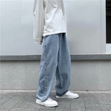 Men Jeans Solid Drawstring Denim Full Length Straight Loose Males All-match Trendy Punk Baggy Retro Leisure Chic Cowboy Trousers