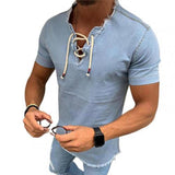 Mens V-neck T-shirt hollow out Lace-up Shirt Casual short Sleeve Wash Vintage Denim Blouse Fitness Bodybuilding Tops Hot
