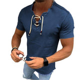 Mens V-neck T-shirt hollow out Lace-up Shirt Casual short Sleeve Wash Vintage Denim Blouse Fitness Bodybuilding Tops Hot