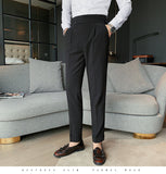 Gotmes   New Design Men High Waist Trousers Solid England Business Casual Suit Pants Belt Straight Slim Fit Bottoms White Clothing