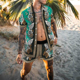 Trend Men Hawaiian Sets Summer Leopard Printing Short Sleeve Button Shirt Beach Shorts Two Set Casual Holiday Mens 2 Piece Suit