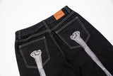 Retro Skull Hand Bone Embroidery Washed Mens Jeans Pants Vibe Style Straight Casual Oversize Denin Trousers Streetwear
