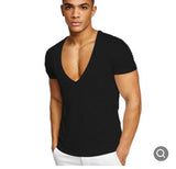 Men casual Deep V Neck T-Shirt Fashion sportswear Summer cotton sweat-absorbent Male Slim Short Sleeve Tee Shirt solid color