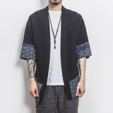 Men Color Block Kimono Black Shirts  Mens Fashions Casual Summer Shirts Male Designer Vintage Shirt Plus Size