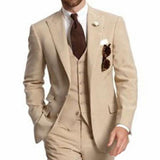 Beige Three Piece Business Party Best Men Suits Peaked Lapel Two Button Custom Made Wedding Groom Tuxedos Jacket Pants Vest