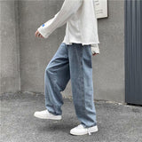 Men Jeans Solid Drawstring Denim Full Length Straight Loose Males All-match Trendy Punk Baggy Retro Leisure Chic Cowboy Trousers