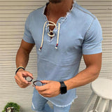 Mens V-neck T-shirt hollow out Lace-up Shirt Casual short Sleeve Wash Vintage Denim Blouse Fitness Bodybuilding Tops Hot