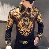 Luxury Paisley Black Gold Printed Shirt Men's Royal Club Clothing Korean Men's Long Sleeve Slim Long Sleeve Shirt Tuxedo Shirt