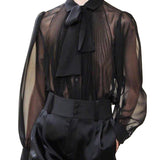 Mens Casual Tie See-through Pleated Shirts