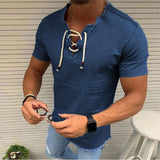 Mens V-neck T-shirt hollow out Lace-up Shirt Casual short Sleeve Wash Vintage Denim Blouse Fitness Bodybuilding Tops Hot