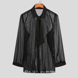 Mens Casual Tie See-through Pleated Shirts