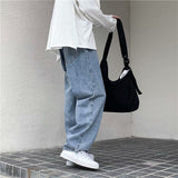 Men Jeans Solid Drawstring Denim Full Length Straight Loose Males All-match Trendy Punk Baggy Retro Leisure Chic Cowboy Trousers