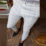 Spring Men Pants Business Slim Fit Beltless Plaid Stripe Print Suit Pants Autumn Buttoned Streetwear Male Trousers Harajuku