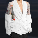 Gotmes Men Blazer Mesh Patchwork See Through Streetwear Double Breasted Lapel Long Sleeve Outerwear Fashion Men Casual Suits