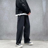 Men Jeans Solid Drawstring Denim Full Length Straight Loose Males All-match Trendy Punk Baggy Retro Leisure Chic Cowboy Trousers