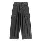 Men Jean Pants Japanese Retro Washed Straight Wide-Leg Jeans Loose Big Pocket Couple Hip Hop Street Denim Pants Male
