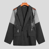 Gotmes Men Blazer Mesh Patchwork See Through Streetwear Double Breasted Lapel Long Sleeve Outerwear Fashion Men Casual Suits