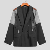 Gotmes Men Blazer Mesh Patchwork See Through Streetwear Double Breasted Lapel Long Sleeve Outerwear Fashion Men Casual Suits