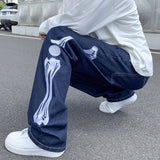 Straight Jean Pants Man Skeleton Embroidery  Mopping Trousers Mens Streetwear Denim Pants Men's Clothing Jeans for Men Man Baggy