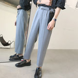 Korean Belt Suit Pants Men Fashion Solid Color Casual Dress Pants Men Loose Straight Trousers Mens Office Formal Trousers 28-34