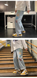 Black Jeans for Men Colorful Smiley Print Straight Leg Denim Pants Teen Hip Hop Clothes Male Baggy Trousers Oversized Streetwear