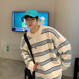 Gotmes Striped Sweater Men Round Neck Winter Pullover Sweater Korean Fashion Harajuku Loose Wild Long Sleeve Sweater Oversize