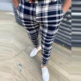 Spring Men Pants Business Slim Fit Beltless Plaid Stripe Print Suit Pants Autumn Buttoned Streetwear Male Trousers Harajuku