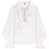 Men Ruffle Shirts Blouse Tops Lace Up Retro Gothic Flare Sleeve Victorian White