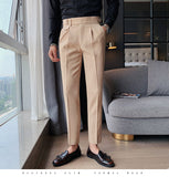 Gotmes   New Design Men High Waist Trousers Solid England Business Casual Suit Pants Belt Straight Slim Fit Bottoms White Clothing